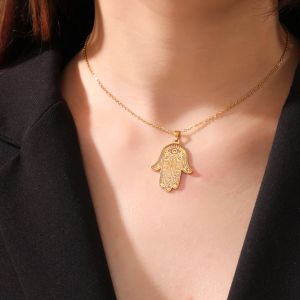 Hamesh Hamsa Fatima Hand Pendant Necklace Evil Eye 14k Yellow Gold Choker Chain Necklaces Amulet Lucky Jewelry for Women