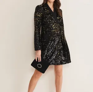 Casual Dresses Women's Dress 2024 Spring V Neck Long Sleeve Glitter Sequin Crystal Slim Fit Lace Up Midje Short Office Midi