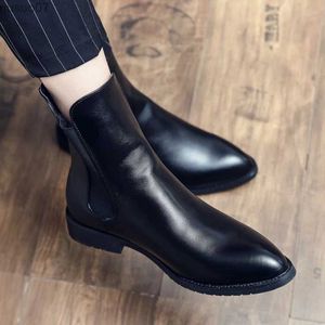 Boots Concise Elastic Band Slip-on City Men Businesss Boots Luxury Mid Calf Leather Chelsea Boots Dress Boots Ankle Boot FREE SHIPPING