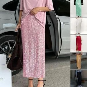 Skirts Solid Color Sequin Back Split Casual Long Skirt Y2k 2024 Autumn Shiny High Waist Hip Wrap Straight Maxi Party Streetwear