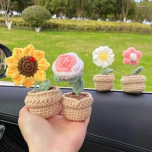 Decorative Flowers Tuilp Crochet Flower Pot Sunflower Woven Daisy Finished Knitting Pots Room Decor Car Desktop Ornament