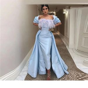 2024 Dresses Wear Vintage Satin Strapless A-Line Feathear Top Dubai Arabic Light Blue Overskirts Women Formal Evening Gowns With Cape