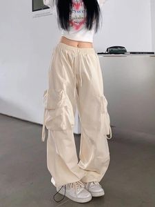 レディースパンツQWEEK韓国ファッションベージュ貨物女性Y2Kビンテージポケットパラシュート特大ストリートウェアヒップホップワイドレッグスウェットパンツ