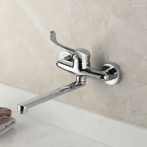 Torneiras de pia do banheiro torneira da cozinha único furo montado na parede bacia longo bico misturador fluxo pulverizador cabeça cromo