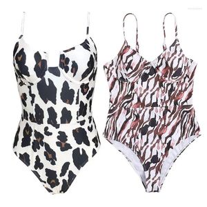 Kvinnors badkläder Kvinnor Sexig bikini Djup V-ringning Push Up Underwire Monokini Leopard Stripes Tryck Swimsuit Backless Beachwear D5qd