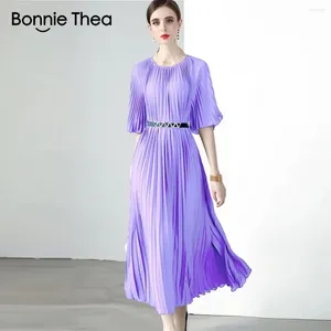 Party Dresses Miyake Summer Pleated Long Dress Women O-Neck Lace-up Belt Solid Loose Large Size Splicing Vintage 2024