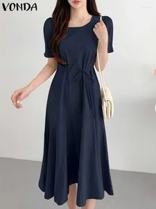 Casual Dresses 2024 VONDA Elegant Sundress Women Ruffled Dress Summer Short Sleeve Midi Belted Fashion Solid Color Streetwear Vestido