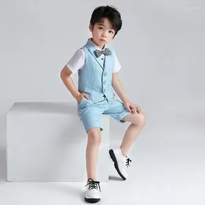 Kläderuppsättningar Flower Boy's Formal Vest Suit Set Children Kortärmad shorts Waistcoat Bwotie outfit Kids Host Show Party Wedding Costume