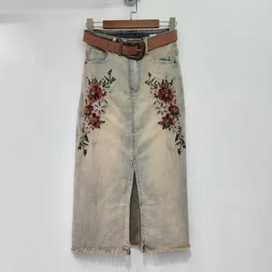 Saias Bohemian Beading Floral Bordado Denim Saia para Mulheres Casual Vintage Cintura Alta Longa Reta Elegante Slim Fit Verão
