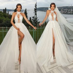 Fancy Wedding Dresses Halter Lace Bridal Gowns Appliques A Line Side Split Sweep Train Sleeveless Bride Dresses Custom Made Plus Size