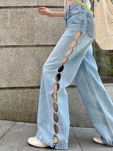 Женские брюки 2024, винтажные свободные широкие джинсы для женщин с высокой талией, сексуальные полые корейские полые брюки с жемчугом, повседневные прямые брюки