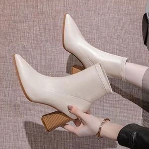 French Ladies Fashion White Boots Short Women Chunky Square High Heel Spring And Autumn Single 2024 Pointed Ankle 81055 81150 26655