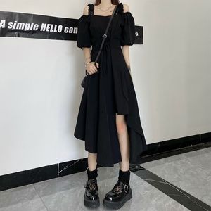 Hepburn style long dress for women in the summer of 2024, new irregular belly covering, knee length, slimming look with suspender dress