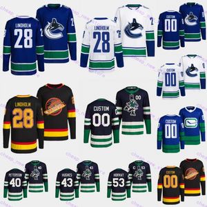 #43 Quinn Hughes hockey jersey #28 Elias Lindholm Elias Pettersson Brock Boeser Andrei Kuzmenko Casey DeSmith Trevor Linden J.T. Miller Pavel Bure jerseys