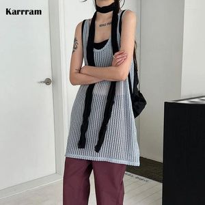 Casual Dresses Karrram Korean Fashion Hollow Out Dress High Street Knit Kpop Lazy Style See Through Femme Solid Sexy Vestido Chic