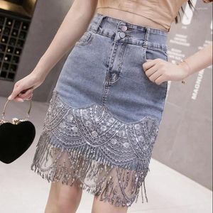 Skirts Classic Tassel Denim Skirt Women's Long Jean High Waist Pencil Ladies Stretch Blue Faldas Largas Jupe Longue Femme