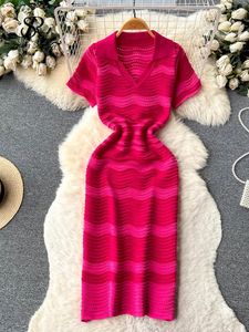 Party Dresses SINGREINY Short Sleeves Striped Long Dress Lapel Neck Hollow Out Slim Bodycon Sundress Fashion Sweet Knitted Beach Midi