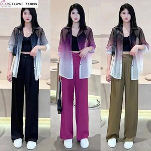 Pantaloni a due pezzi da donna Abito alla moda 2024 Primavera e estate Allentato cambiamento graduale Camicia a maniche lunghe con protezione solare Set casual a due pezzi