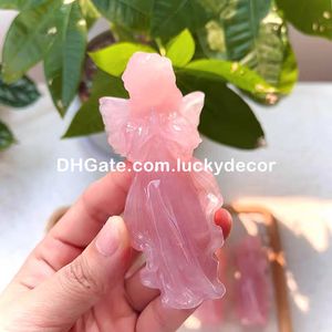 Estatueta de anjo de quartzo rosa esculpida à mão, decoração de cura, linda pequena pedra de cristal de rocha rosa natural, estátua de menina em oração, presente metafísico para amor e harmonia