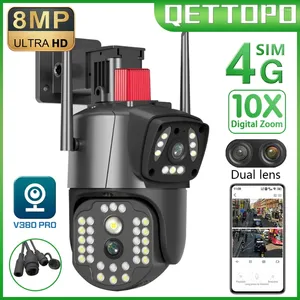 Qettopo 4K 8MP 4G SIM-карта с двумя объективами PTZ-камера Экран AI отслеживание человека WIFI безопасность CCTV наблюдение IP V380 PRO