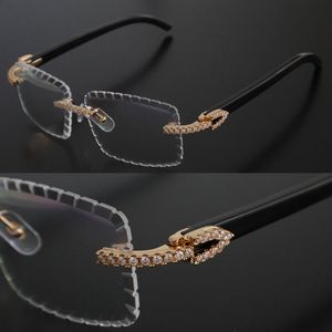 Luxuriöse Diamantschliff-Linsenbrille, Moissanit-Diamantsatz, Randbrille, Designer-Damen- oder Herrenbrille, Original-Innenseite weiß, schwarzes Büffelhorn, randlos, optische Größe 58 mm
