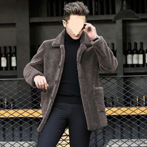 Autumn and Winter Designer Grain Velvet Imitation Lamb Fur Coat for Mens Mid Length Sheep Cut Fleece Thickened Warm 7QZV