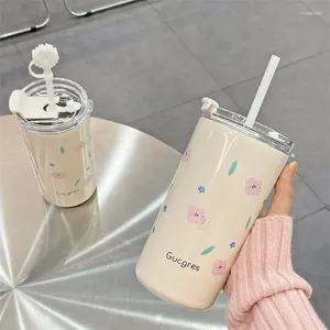 Water Bottles Cute Flower Stainless Steel Thermos Bottle 480ML Home Office Thermal Insulation Milk Tea Cup Portable Outdoor Straw