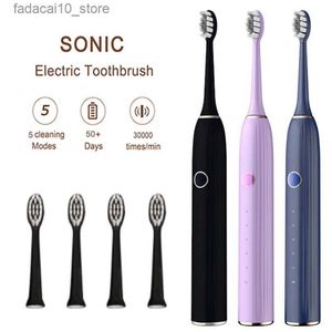 Escova de dentes Sonic Escova de dentes elétrica recarregável IPX7 à prova d'água 4 escovas de dentes Cabeça Faixa de 350 dias 5 níveis de higiene bucal Escova de dentes limpa Q240202