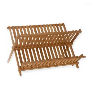 Kitchen Storage OUNONA Folding Bamboo Dish Rack Drying Holder Utensil Drainer Plate Wooden Flatware