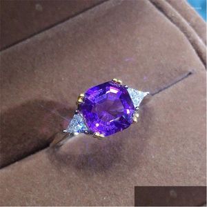 Cluster Rings QClassic Fashion Sier Color Ring Purple Zircon Crystal Wedding Jewelry Engagement for Drop Delivery DHD03