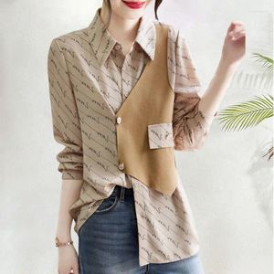 Women's Blouses Commute Stylish Patchwork Asymmetrical Blouse Clothing Casual Letter Printed 2024 Spring Autumn Korean Long Sleeve Shirt