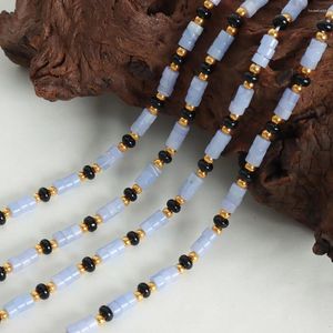 Pendant Necklaces Natural Blue Stone Necklace Stainless Steel Beads Black Agate Chain Fashion Jewelry Women Accessories