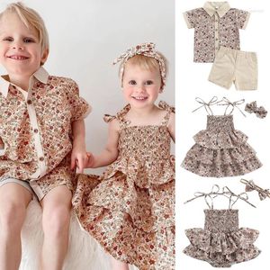 Girl Dresses FOCUSNORM Sister Brother Baby Girls Boys Clothes Sets 0-5Y Flowers Printed Shirts Shorts Or Ruffles Sundress/Sleeveless Romper