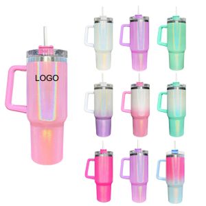 40 oz Tumbler With Handle Lid and Straw Insulated Rainbow Paint Stainless Steel Travel Mug Iced Coffee Cup for Hot Cold Water 0202