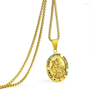 Collane con ciondolo Collana da uomo con San Cristoforo in acciaio inossidabile placcato oro Medaglia del patrono cattolico St Medaglia del viaggiatore