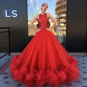 Shining Red Beaded Ball Gown Quinceanera Dresses Jewel Neckline Prom Gowns Ruffled Floor Length Tulle Sweet 16 Dress