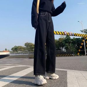 Jeans femininos mulheres estilo coreano esfregando calças denim vintage preto sólido cintura alta outono baggy chique rua casual perna larga