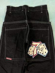 Rock 7 Dice Mönster broderade jeans JNCO Män kvinnor Hip Hop Fit Jeans Black Pants Fashion Harajuku High midja breda byxor 240126