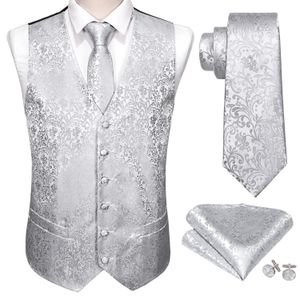 Silber Herren Hochzeitsanzug Weste Floral Jacquard Folral Seide Weste Westen Taschentuch Krawatte Set BarryWang Design 240119