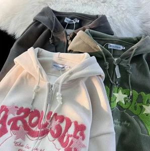 Kadın Hoodies Mektup Nakış Kapüşonlu Kazak Gevşek Retro Fermuar Uzun Kollu Ceket Harajuku Günlük Tatlı Rüzgar Çift INS