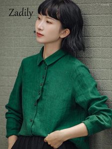 女性用ブラウスZadily 2024夏の韓国スタイル長袖リネングリーンシャツカジュアルボタンアップレディースブラウスデイリーカバー