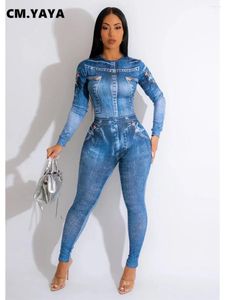 Women's Two Piece Pants CM.YAYA Fashion Women Fake Jean 3D Printed Long Sleeve Strech Bodysuit Suits 2024 Sexy Party Club INS Suit