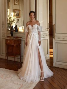 Chic Thigh High Slits A Line Wedding Dresses Bridal Gown with Detachable Sleeve Lace Appliques Bead Boho Wedding Gown