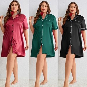 Women's Sleepwear Lapel Nightgown Short Sleeve Sleepshirts Lady Nightdress Summer Bathrobe Satin Dressing Gown Loungewear