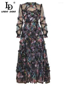 Sıradan Elbiseler Ld Linda Della Moda Tasarımcısı Yaz Elbisesi Kadın Fener Sleeve Çiçek Baskı Siyah Örgü Uzun Vintage Party