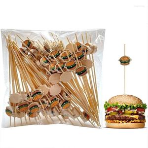 Çatallar 100x burger dekore edilmiş bambu çubukları tek kullanımlık meyve atıştırmalık şişeleri parti büfesi seçer sandviç dekorasyon