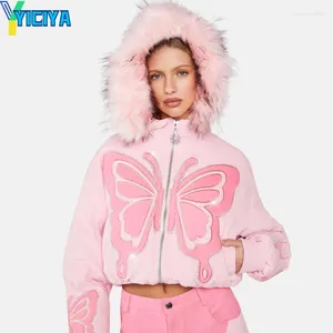 Women's Trench Coats YICIYA Hooded Pink Butterfly Y2k Jacket Bomber Woman Varsity Long Sleeves Bombers American Vintage Thickening Jackets