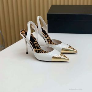 designer sandals women 10CM high heels leopard print genuine leather ankle strap back hollow metal pointed dress shoes toe wrap party shoe High quality Sandals