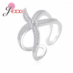 Cluster-Ringe Est Original 925 Sterling Silber Verstellbarer Ring Großer Seestern Gepflasterte glänzende weiße Kristalle Öffnung Damen-Accessoire