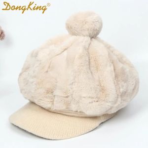 Winter Rabbit Fur Beret Hat For Women Thickened Ear Cap Ladies Warm Pompom Octagonal Hat Female Girls Knitted Visor 240127